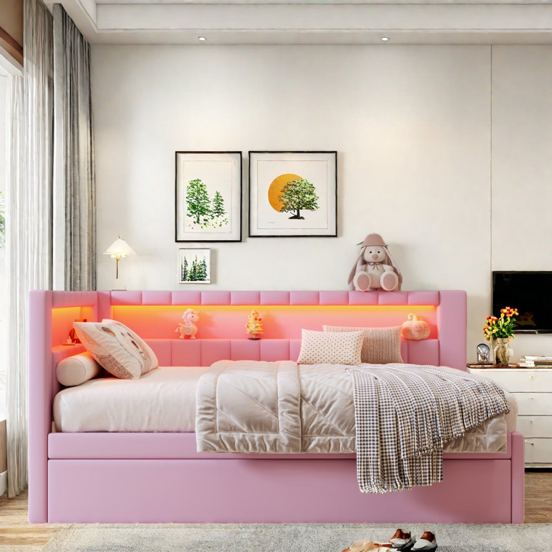 Lit tapissier avec couchette, ports USB et ceinture à DEL, Rose, Full