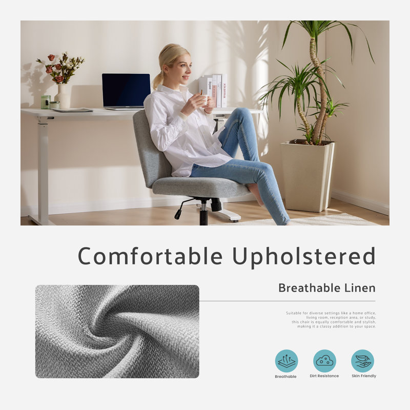 Brenae Upholstered Armless Swivel Task Chair, Light Gray, Fabric