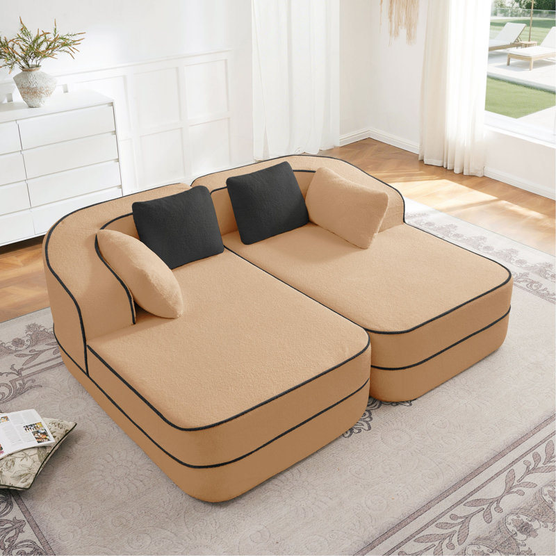 Canapé désossé 32D sans assemblage en tissu Teddy, couleur contrastante, canapé moelleux et confortable avec méridienne en L, pour le salon