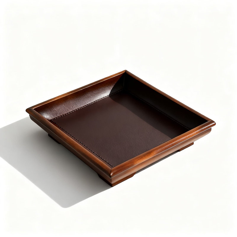 Plateau en bois de noyer et en cuir pour organisateur de bureau - pour télécommandes, bijoux, cosmétiques et articles d'aromathérapie