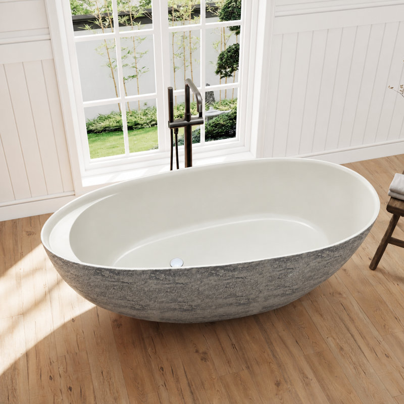 Baignoire autoportante Forma 67 po x 31 po en résine de pierre solide effet travertin avec tablette intérieure intégrée