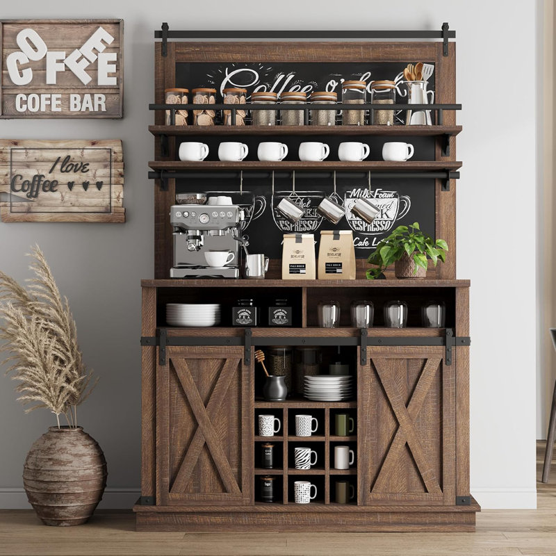 75" Farmhouse Coffee Bar Cabinet with Sliding Barn Door – Rustic Oak Hutch for Kitchen & Dining Storage, Brown