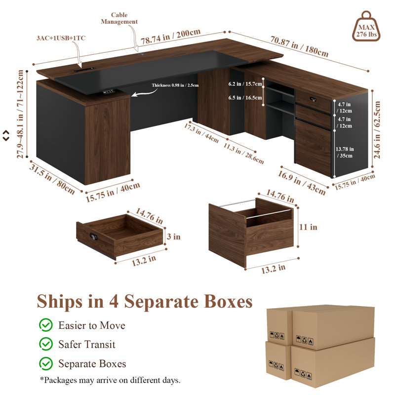 Bureau assis-debout de direction de luxe en forme de L avec caisson de rangement, réglable en hauteur électrique, avec prises électriques, ports USB, étagères de rangement et tiroir verrouillable, finition noyer/noir.