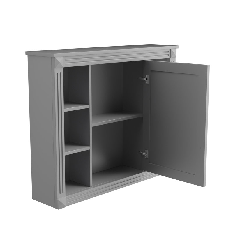 Armoire de rangement murale avec miroir - 35 po x 28 po, style moderne, 6 tablettes ouvertes, grise et polyvalente, Gris