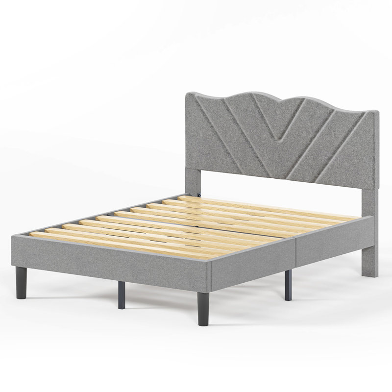 Structure de lit plateforme moderne avec tête de lit tapissier et lattes en bois - aucun sommier requis, assemblage facile