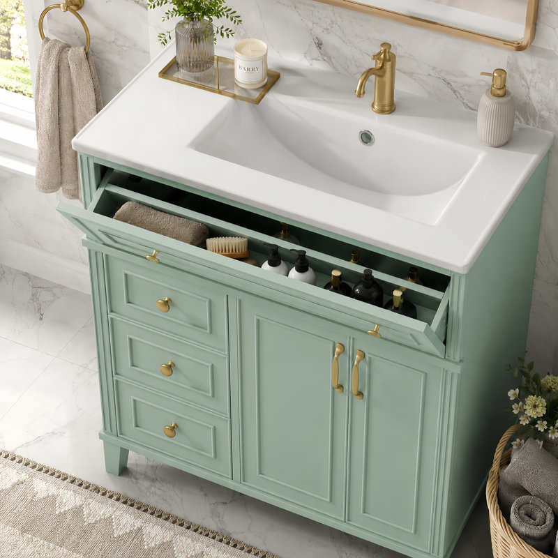 Meuble-lavabo moderne sur pied 36 po avec lavabo et tiroirs en céramique, Vert sauge