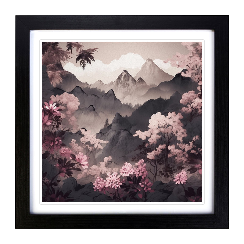 Japanese Mountains Floral - Single Picture Frame Print on Wood, Black