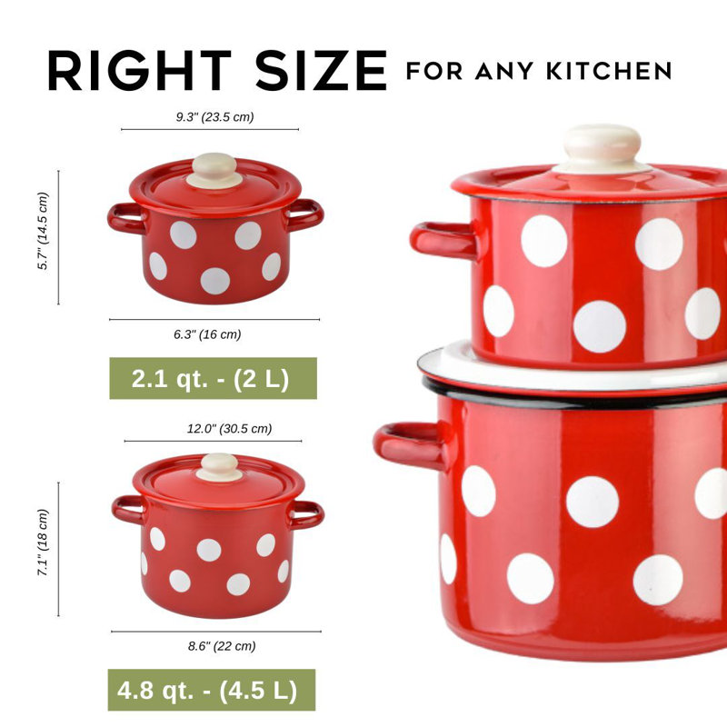 Pot en acier émaillé à pois rouge avec couvercle