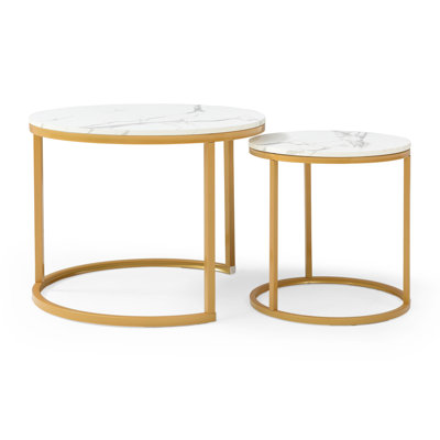 Set 2 Coffee Table Nesting top Frame Circular Round and Marble Pattern Wooden Tables, Living Room Bedroom Apartment Modern Industrial Simple Nightstand
