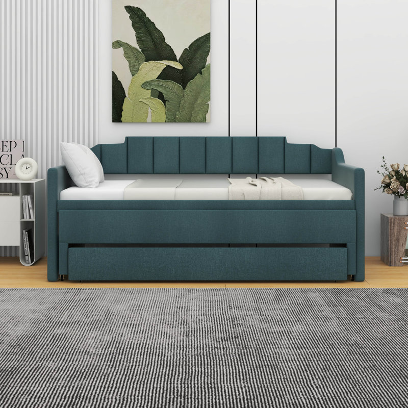 Lit de jour simple tapissier avec couchette et tiroirs., Vert