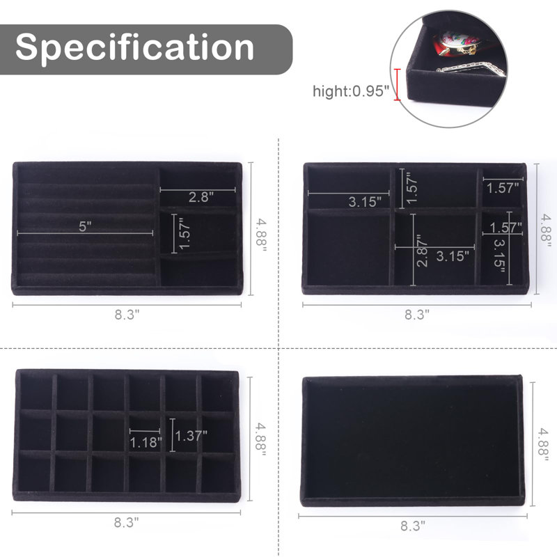 8 Pack Stackable Jewellery Organizer Stackable Trays For Drawers,Jewellery Drawer Inserts Container Display Case Storage With Removable Dividers-Black
