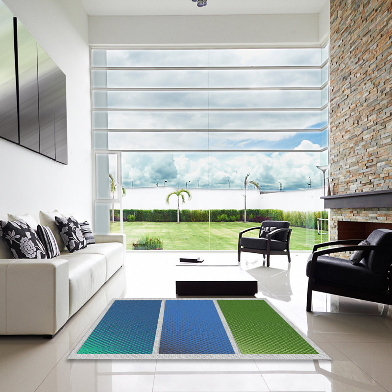 Tapis vert/bleu à motifs, Carré 4 pi