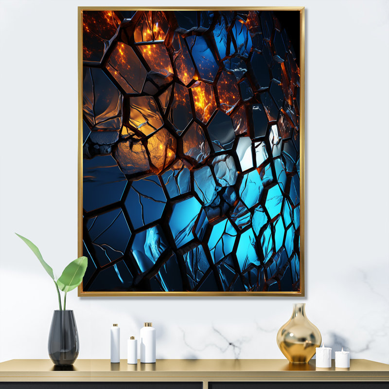 "Mosaïque fractale bleue et jaune III", Cadre flottant doré, 32" H x 24" W