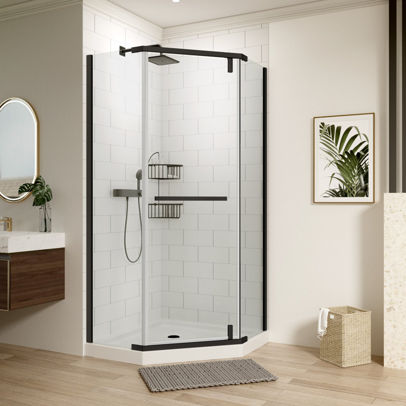 Modern Neo-angle Design Matte Black Frameless Pivot Shower Door Ideal For Stylish Bathroom Spaces