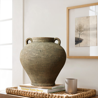 14.6" H Handcrafted Distressed Terracotta Cauldron Vase