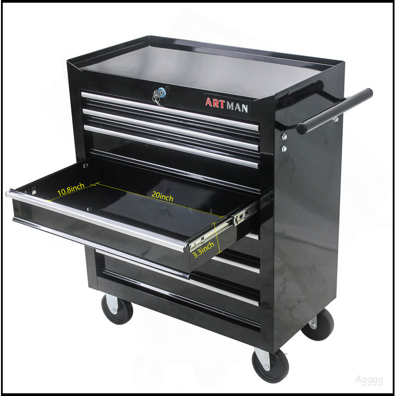7 DRAWERS MULTIFUNCTIONAL TOOL CART WITH WHEELS-BLACK, Black