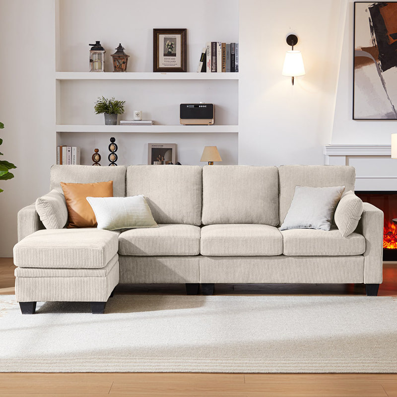 Corduroy Modular Sectional Couch with Ottoman Chaise, L Shaped 4-seat Sofa for Living Room, Apartment, Lounge, Modern Armrest Neck Support Furniture