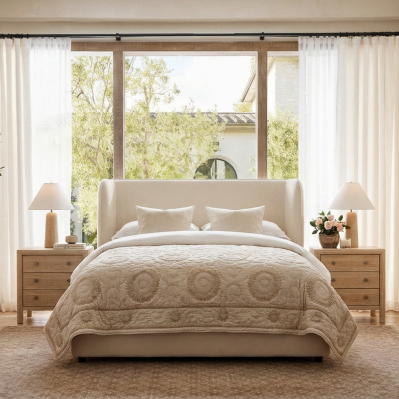 Waynesville Modern Upholstered Platform Bed with Wingback Headboard, King
