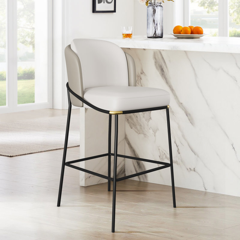 36.6''H Modern Pu Leather Breakfast Counter Bar Stool Gray With Back & Footrest, Extra Tall (36.6” Seat Height), Beige/Gray