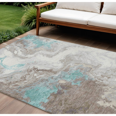 Tapis intérieur/extérieur lavable, 3 m x 4,2 m, sarcelle et taupe, à motifs abstraits