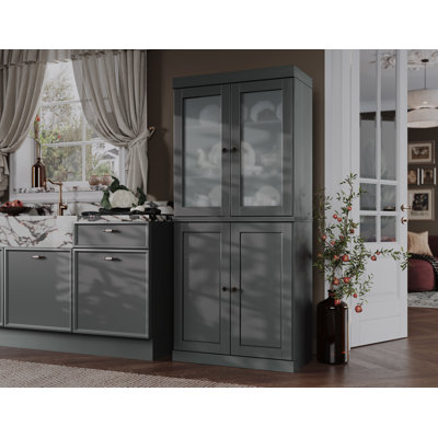 Garde-manger 100% bois massif 32 po avec verre givré, portes solides, 2 tiroirs et tablettes réglables