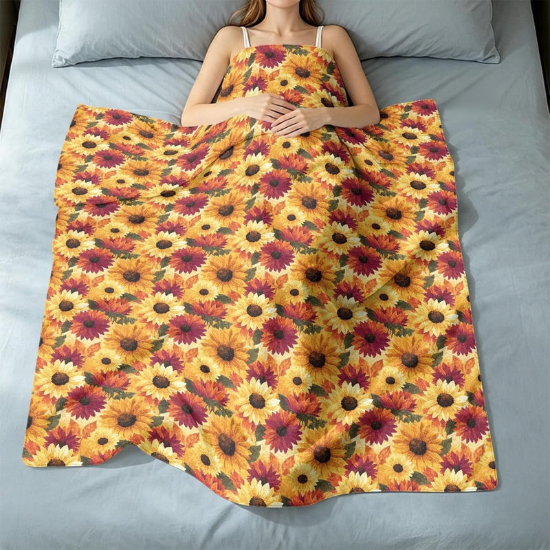 Plaid en flanelle à imprimé tournesol, style bohème, 152 x 203 cm, 60 po x 80 po