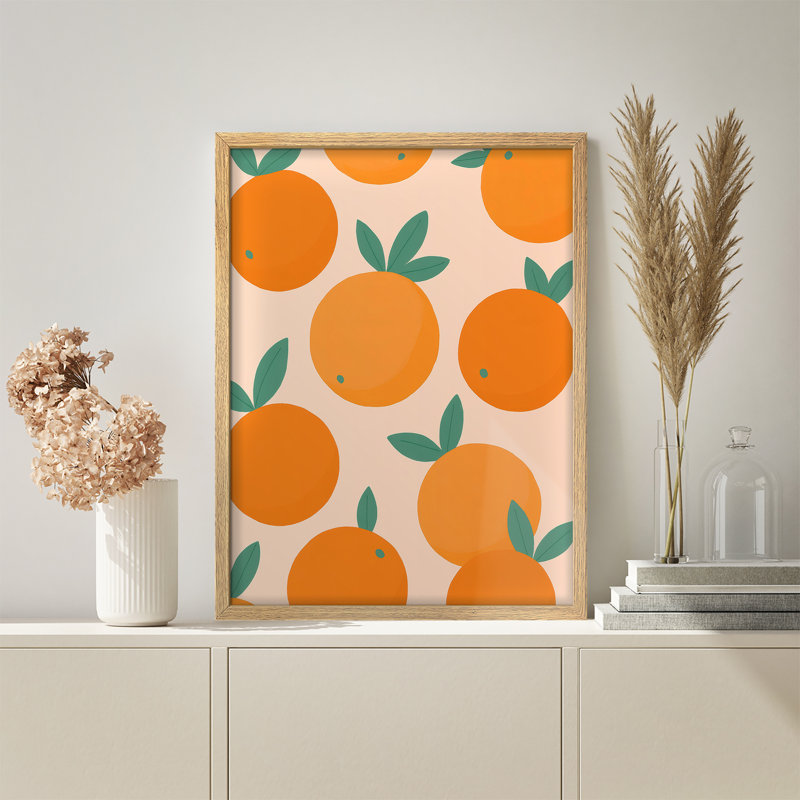 Modern Orange Fruit Framed Wall Art - Minimalist Citrus Pattern Print for Kitchen or Contemporary Home Decor, Natural