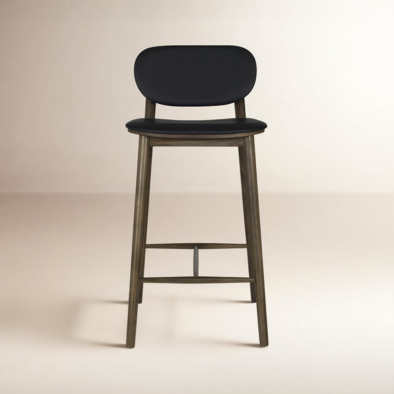 Tabouret de comptoir en cuir véritable de 26 po de hauteur Bonato, Cuir noir / structure en noyer