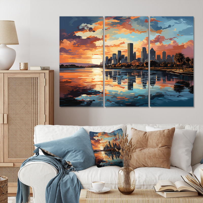 «San Diego City at Cloudy Dawn», ensemble de 3 reproductions sur toiles tendues, H 32 po x l 48 po x P 1 po
