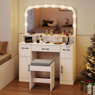 Vanity Desk Makeup Table with with Stool Large Mirror 3-Color Lights for Bedroom Brown by Latitude Run