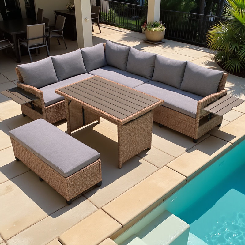 Ensemble modulaire d'extérieur en rotin 5 pièces avec 2 tables d'appoint extensibles PE