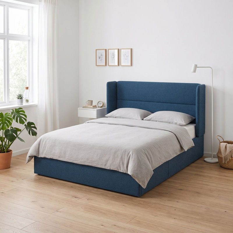 Lit plateforme tapissier avec rangement Gaillarde, Double, Bleu pierre