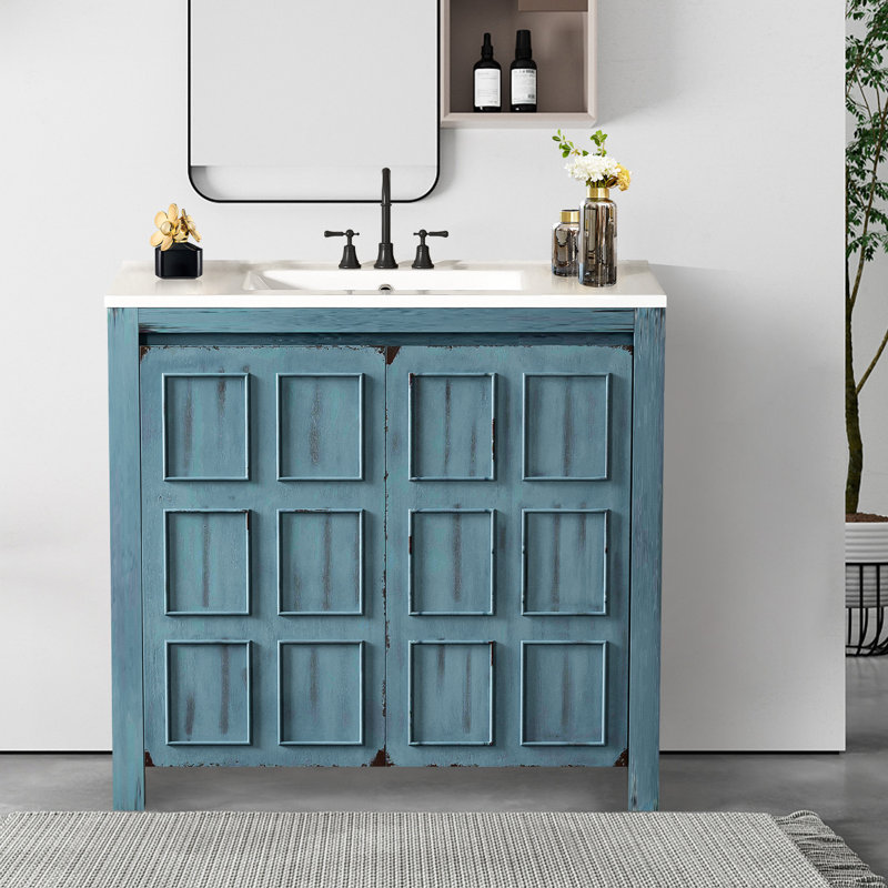 Armoire de meuble-lavabo 36 po avec lavabo en céramique, Bleu rétro