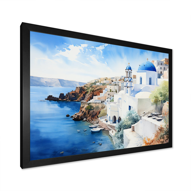 Grèce «Santorini Coastal View I», art mural Grèce, Cadre d'angle fermé noir, H 12 po x l 20 po x P 1 po