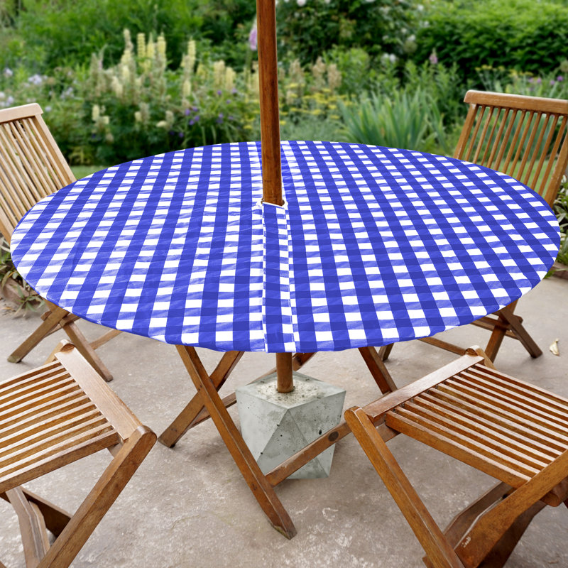 Jevdokija Vinyl Picnic Fited Tableclth With Umbrella Hole 30" Round, 36" x 36", Blue