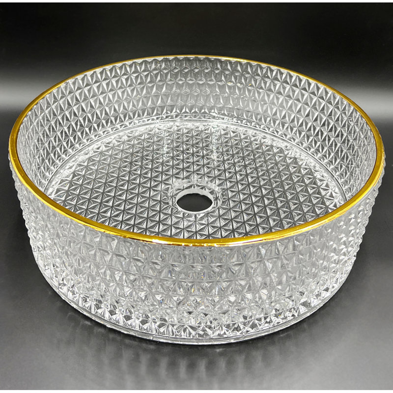 Lavabo de salle de bain rond en verre texturé 14 po Scotch - Collection Timeless, Transparent / Doré, 14"
