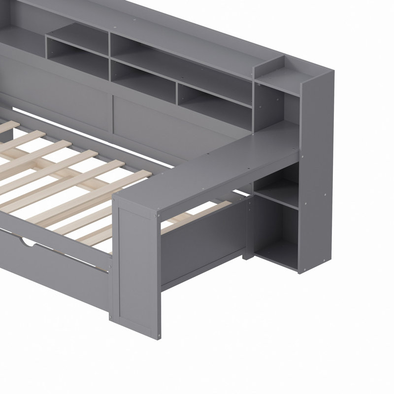 Wooden Daybed With Storage Shelves, Multi-Functional Bed With Trundle Bed And  Study Desk, Twin