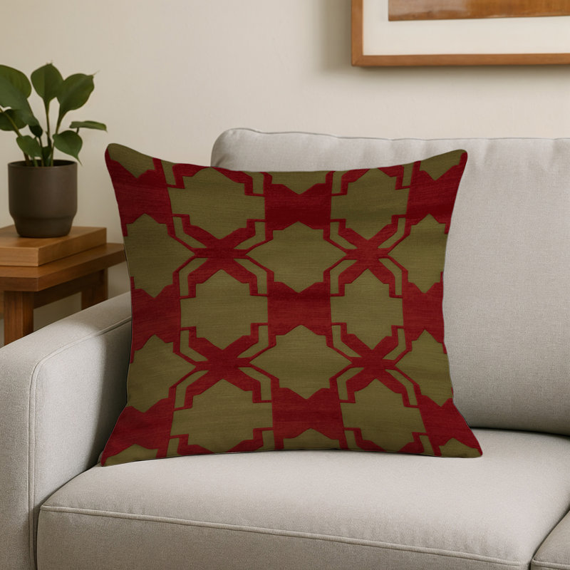 Coussin décoratif intérieur et extérieur beige Trellis, Treillis rouge 400, Carré Carré 16 po
