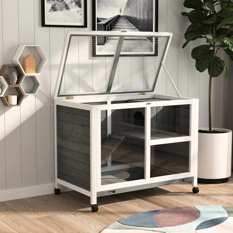 Cage à roulettes grise avec roulettes - Dimensions du bureau et de la table d'appoint. Petit bois imperméable pour 1 ou 2 lapins nains. 36 po x l 21 po x H 28,75 po. Conception compacte, pratique et étanche