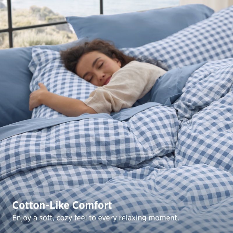 Bedsure Queen size 3-Piece Reversible Gingham  Polyester Comforter Set with Microfiber Fill,Blue,All-Season Bedding, Queen