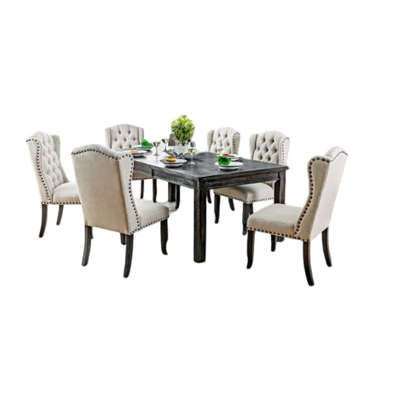 Ensemble de table de salle à manger et de fauteuils à oreilles Bega, lin beige, bois noir, 9
