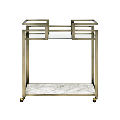 2 Tier Shelf Serving Cart With 5 Mm Tempered Glass, Faux Marble And Brass Finish, 90lbs Maximum Load Capacity Weight