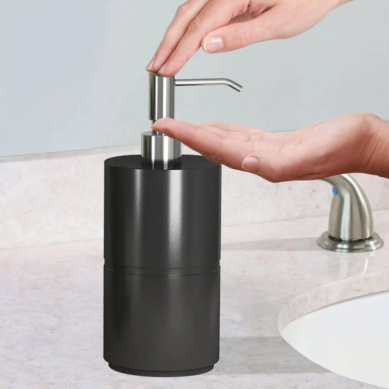 Distributeur de savon liquide Oneita | Meuble-lavabo de salle de bain et évier de cuisine, contient savon, lotion et assainisseur | Noir / résine