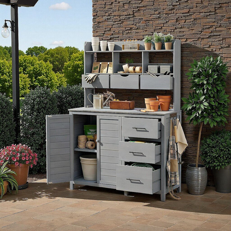 Chariot de cuisine, banc de rempotage pour terrasse 44,6 po x 19,5 po avec 6 compartiments de rangement, Gris