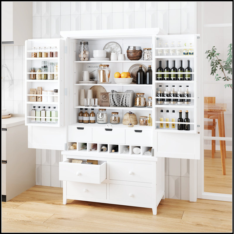 Grand garde-manger autoportant avec 8 tablettes de porte, 3 tablettes réglables, 7 tiroirs et 8 supports à vin pour un rangement efficace