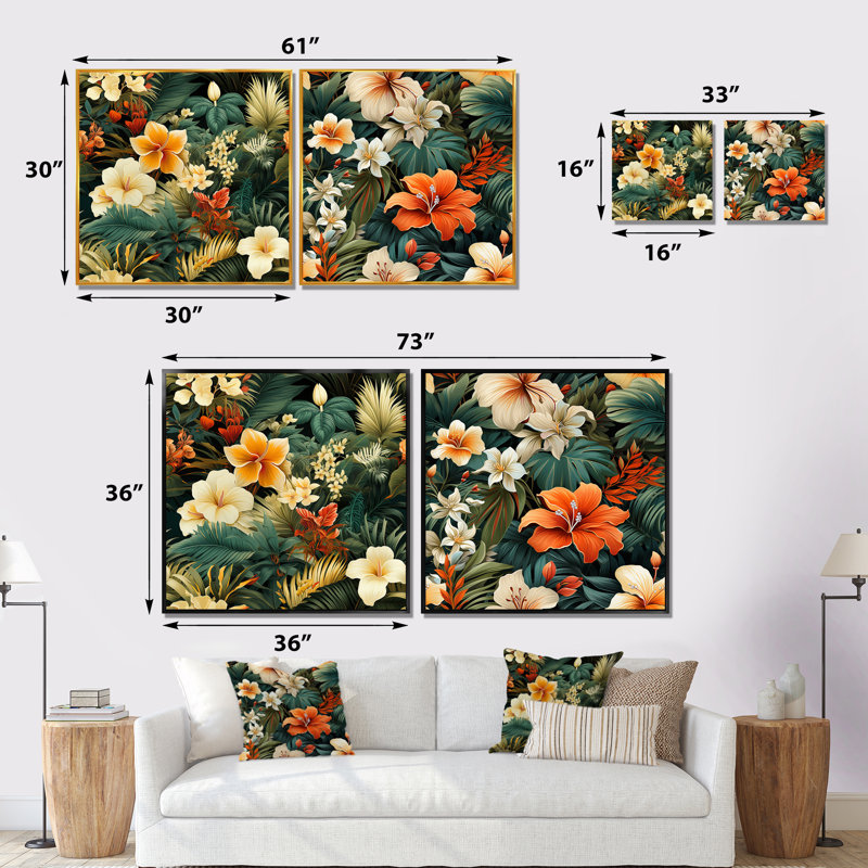 Loda - Ensemble de 2 décorations murales Bouquets assortis, Cadre blanc, H 30 po x l 61 po x P 1 po