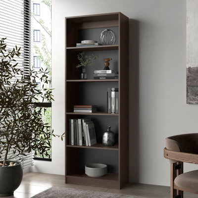 Stained Walnut 5 - Shelf Bookcase With Open Storage And 4 Tier For Organizing Essentials In Primary Living Space, Wood Frame, Closed Back Shelves, Ample Vertical Horizontal Back, Ideal Particle Board