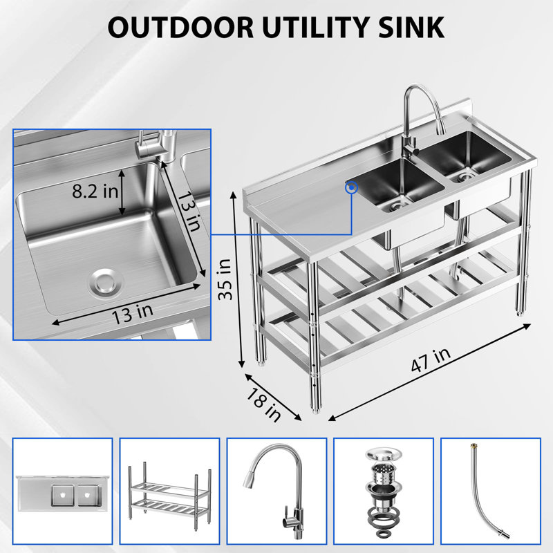 Évier utilitaire 47 po en acier inoxydable, lavabo autoportant à 2 compartiments avec établi, robinet coulissant, tablettes