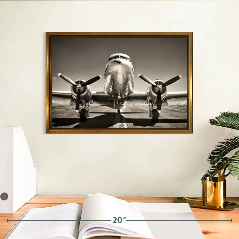 Avion rétro noir et blanc, Cadre flottant doré, 13 po x 9 po