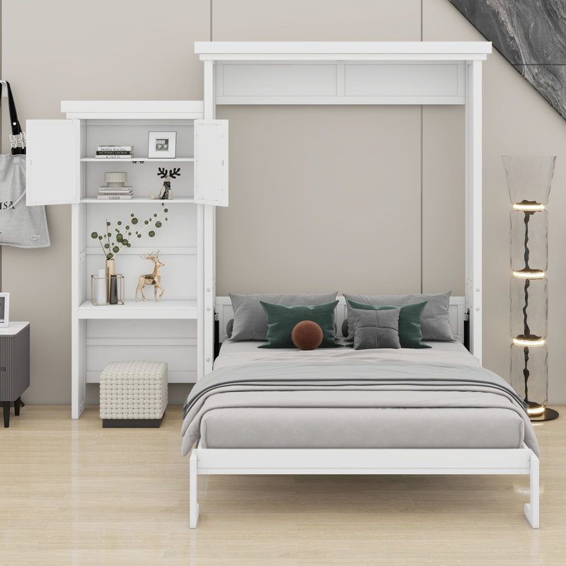 Lit escamotable avec tablettes de rangement et décoration à persiennes, blanc